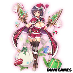 Rule 34 | 1girl, back bow, black bow, black hair, black thighhighs, blush, boots, bow, breasts, brown footwear, candy, candy cane, cape, christmas, cleavage, closed mouth, dagger, dual wielding, flower, flower knight girl, food, full body, fur trim, gift, hat, holding, holding weapon, jamadhar, knee boots, knife, large breasts, looking at viewer, name connection, night phlox (flower knight girl), object namesake, official art, red cape, red eyes, red hat, red skirt, santa costume, santa hat, short hair, skirt, smile, solo, sparkle, standing, thigh strap, thighhighs, utsurogi akira, weapon, white bow, zettai ryouiki