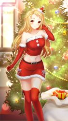 Rule 34 | 1girl, belt, belt buckle, black belt, black ribbon, blonde hair, box, breasts, buckle, christmas tree, closed mouth, collarbone, crop top, doukyuusei 2, doukyuusei another world, elbow gloves, fur-trimmed gloves, fur-trimmed headwear, fur-trimmed skirt, fur trim, game cg, gift, gift bag, gift box, gloves, hand in own hair, hat, large breasts, long hair, looking at viewer, maijima karen, midriff, mini hat, miniskirt, navel, official art, red eyes, red gloves, red hat, red skirt, red thighhighs, ribbon, skirt, smile, solo, standing, stomach, strapless, thighhighs, very long hair, zettai ryouiki