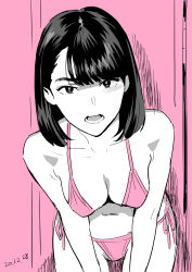 Rule 34 | 1girl, annoyed, bikini, breasts, cleavage, eyebrows, hair behind ear, hands on own knees, highres, leaning forward, looking at viewer, medium hair, monochrome, open mouth, original, pink background, pink bikini, simple background, solo, standing, swept bangs, swimsuit, teeth, v-shaped eyebrows, yukiyoshi mamizu