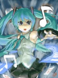 Rule 34 | 1girl, aqua eyes, aqua hair, armpits, beamed quavers, blue eyes, detached sleeves, hatsune miku, lowres, musical note, oekaki, open mouth, outstretched hand, piano keys, quaver, shift (waage), signature, solo, twintails, vocaloid