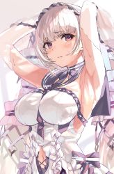 Rule 34 | 1girl, absurdres, armpits, arms up, azur lane, bare shoulders, blush, breasts, closed mouth, clothing cutout, detached sleeves, dress, flower, formidable (azur lane), formidable (timeless classics) (azur lane), frilled dress, frills, grey hair, hair between eyes, hair ornament, hair ribbon, highres, large breasts, long hair, looking at viewer, navel, navel cutout, official alternate costume, purple eyes, ribbon, simple background, solo, temir, twintails, two-tone ribbon, veil, very long hair
