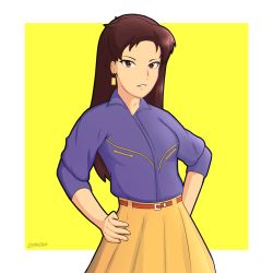 Rule 34 | 1girl, animal ears, belt, blue shirt, border, brown eyes, brown hair, collared shirt, hands on own hips, highres, lackatask, long hair, long sleeves, moritaka chisato, parted bangs, parted lips, pleated skirt, real life, red belt, shirt, simple background, skirt, solo, upper body, white border, yellow background, yellow skirt