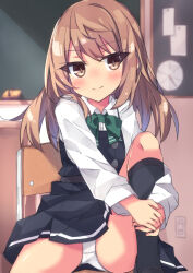Rule 34 | 1girl, beritabo, black dress, black socks, blurry, blurry background, blush, bow, brown eyes, brown hair, chair, closed mouth, collared shirt, commentary request, depth of field, dress, dress shirt, green bow, hair down, highres, hugging own legs, indoors, kantai collection, knee up, kneehighs, long hair, long sleeves, michishio (kancolle), on chair, panties, pinafore dress, school chair, shirt, sitting, sleeveless, sleeveless dress, smile, socks, solo, underwear, white panties, white shirt