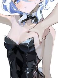 Rule 34 | 1girl, 1other, animal ears, black leotard, blue eyes, blue hair, blush, bow, bowtie, breasts, cleavage, detached collar, fake animal ears, furina (genshin impact), genshin impact, grabbing, grabbing another&#039;s breast, highres, leotard, light blue hair, looking at viewer, meme, mochi upamo, multicolored hair, pantyhose, playboy bunny, pov cheek grabbing (meme), rabbit ears, short hair, sitting, small breasts, solo focus, squeezing, streaked hair, thighs, white hair