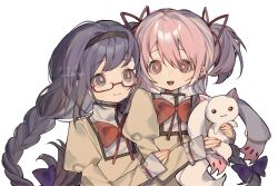Rule 34 | 2girls, akemi homura, artist name, black hairband, bow, bowtie, braid, collared jacket, creature, eye contact, glasses, grey eyes, hair bow, hair ribbon, hairband, hand on another&#039;s arm, highres, holding, holding creature, jacket, juliet sleeves, kaname madoka, kyubey, long hair, long sleeves, looking at another, mahou shoujo madoka magica, mahou shoujo madoka magica (anime), mitakihara school uniform, multiple girls, open mouth, pink eyes, pink hair, puffy sleeves, purple hair, red-framed eyewear, red bow, red bowtie, ribbon, school uniform, semi-rimless eyewear, shixiaoqina, short twintails, signature, simple background, smile, twin braids, twintails, under-rim eyewear, upper body, white background, yellow jacket