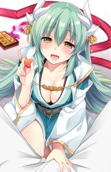 Rule 34 | 1girl, :d, blurry, blush, bottle, box, breasts, candy, chocolate, chocolate heart, cleavage, clothes grab, collarbone, crotch grab, depth of field, detached sleeves, downblouse, fate/grand order, fate (series), feeding, fingernails, food, gradient background, green hair, hair ornament, half-closed eyes, heart, highres, holding, holding food, horns, ikura nagisa, incoming food, japanese clothes, kimono, kiyohime (fate), light particles, liquid, long hair, long sleeves, looking at viewer, open mouth, out of frame, pants, pov, pov feeding, red ribbon, ribbon, sitting, smile, solo focus, spill, tongue, valentine, white legwear, white pants, wide sleeves, yellow eyes