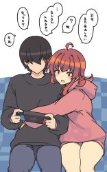 Rule 34 | 1boy, 1girl, admiral (kancolle), ahoge, alternate costume, arashi (kancolle), brown eyes, commentary request, couch, dress, faceless, faceless male, feet out of frame, handheld game console, holding, holding handheld game console, hood, hooded dress, hooded sweater, hoodie, hug, kantai collection, medium hair, nakadori (movgnsk), nintendo switch, pink dress, pink sweater, red hair, sitting, sweater, sweater dress, translation request