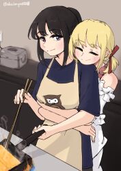 2girls apron black_hair blonde_hair blue_shirt closed_eyes closed_mouth commentary cookie daimyo0208 fire food hair_ribbon highres hug hug_from_behind indoors inoue_takina kitchen long_hair lycoris_recoil multiple_girls nishikigi_chisato off-shoulder_shirt off_shoulder omelet ponytail purple_eyes red_ribbon ribbon shirt short_twintails smile tamagoyaki toaster twintails white_shirt yuri