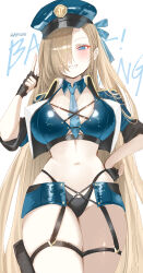 Rule 34 | 1girl, alternate costume, artist name, asuna (blue archive), black gloves, blue archive, blue eyes, blue hat, blue ribbon, blush, breasts, cleavage, cowboy shot, fingerless gloves, gloves, grin, hair over one eye, hair ribbon, haruri, hat, highres, large breasts, light brown hair, long hair, looking at viewer, navel, peaked cap, ribbon, signature, simple background, smile, solo, white background