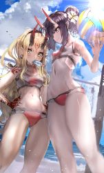 Rule 34 | 2girls, ball, bare shoulders, beach, blonde hair, blue sky, breasts, closed mouth, collarbone, day, earrings, eyeliner, facial mark, fate/grand order, fate (series), feet out of frame, flower, food, forehead mark, hair bun, hair flower, hair ornament, highres, holding, holding ball, horns, ibaraki douji (fate), jewelry, long hair, makeup, mouth hold, multiple girls, nakasaku-p, navel, oni, outdoors, pointy ears, ponytail, popsicle, purple eyes, purple hair, short eyebrows, short hair, shuten douji (fate), single hair bun, skin-covered horns, sky, small breasts, sports bra, sportswear, sunlight, tattoo, thighs, volleyball (object), volleyball net, yellow eyes