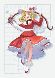 Rule 34 | 1girl, absurdres, blonde hair, bow, curly hair, dress, elly (touhou), frilled dress, frills, grid, grid background, guumin, hair between eyes, hat, highres, holding, lotus land story, open mouth, red dress, red footwear, ribbon, scythe, short hair, touhou, touhou (pc-98), warped, yellow eyes