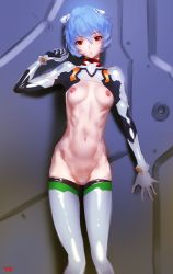 Rule 34 | 1girl, adapted costume, against wall, ayanami rei, blue hair, bracer, breasts, breasts out, crop top, expressionless, gloves, groin, hair between eyes, hair ornament, interface headset, looking at viewer, navel, neon genesis evangelion, nipples, no pussy, pilot suit, plugsuit, red eyes, shiny clothes, short hair, skinny, small breasts, solo, standing, stomach, thighhighs, turtleneck, yd (orange maru)