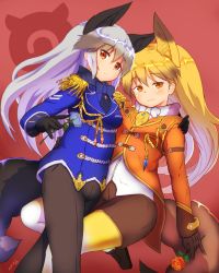 Rule 34 | 10s, 2girls, :3, adapted costume, animal ears, blue flower, blue rose, bow, bowtie, coattails, collared shirt, commentary request, epaulettes, ezo red fox (kemono friends), flower, fox ears, fox tail, frills, gloves, grey hair, hand on another&#039;s shoulder, hand on another&#039;s waist, highres, kemono friends, long hair, long sleeves, multicolored hair, multiple girls, necktie, ooba jun, orange hair, pants, pantyhose, red flower, red rose, rose, shirt, silver fox (kemono friends), tail
