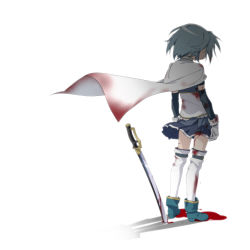 Rule 34 | 10s, 1girl, back, blood, blue hair, cape, from behind, ikesin, ikezawa shin, mahou shoujo madoka magica, mahou shoujo madoka magica (anime), miki sayaka, short hair, simple background, solo, standing, sword, thighhighs, weapon