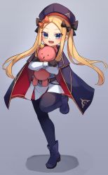 Rule 34 | 1girl, abigail williams (fate), artoria caster (fate), artoria caster (fate) (cosplay), artoria caster (second ascension) (fate), artoria pendragon (fate), belt, beret, black gloves, black pantyhose, blonde hair, blue cape, blue eyes, blue footwear, blue hat, blush, boots, breasts, buttons, cape, cosplay, double-breasted, dress, fate/grand order, fate (series), forehead, full body, gloves, hat, highres, hood, hooded cape, long hair, long sleeves, looking at viewer, miya (miyaruta), multicolored cape, multicolored clothes, open mouth, pantyhose, parted bangs, red cape, small breasts, smile, stuffed animal, stuffed toy, teddy bear, white dress