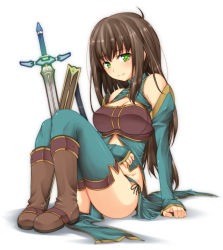 Rule 34 | 1girl, aqua thighhighs, arm support, bad id, bad pixiv id, bare shoulders, boots, breasts, brown hair, cleavage, detached sleeves, from side, full body, green eyes, green thighhighs, halterneck, highres, loincloth, long hair, looking at viewer, medium breasts, midriff, original, ribucci, sheath, side-tie skirt, simple background, sitting, sleeves past wrists, smile, solo, sword, thighhighs, weapon