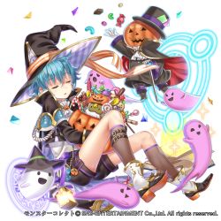 Rule 34 | 1boy, black hat, black shorts, blue hair, candy, candy cane, cape, closed eyes, company name, fantasy, food, ghost, gloves, hakuda tofu, halloween, hat, highres, leg belt, magic circle, male focus, monster collect, official art, shorts, sitting, sleeping, watermark, white gloves, witch hat, wrapped candy