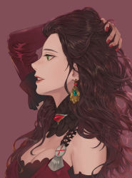 Rule 34 | 1girl, absurdres, bare shoulders, breasts, brown hair, cleavage, dorothea arnault, dress, earrings, fire emblem, fire emblem: three houses, from side, green eyes, hand on own head, highres, jewelry, kirr rr, large breasts, long hair, long sleeves, nail polish, necklace, nintendo, parted lips, red background, red dress, simple background, smile, solo, upper body