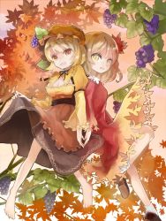 Rule 34 | 2girls, aki minoriko, aki shizuha, apron, back-to-back, barefoot, blonde hair, choker, cleavage cutout, clothes lift, clothing cutout, fingers together, food, fruit, full body, gradient background, grapes, hat, highres, leaf, leaf on head, long sleeves, looking at viewer, maple leaf, mob cap, multiple girls, open mouth, puffy sleeves, red eyes, ribbon choker, shirt, shoes, short hair, siblings, sisters, skirt, skirt lift, smile, socks, touhou, upskirt, waist apron, white legwear, wide sleeves, yellow eyes, zhu xiang
