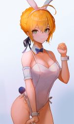 Rule 34 | 1girl, ahoge, alternate costume, animal ears, aqua eyes, armband, artoria pendragon (all), artoria pendragon (fate), bare shoulders, blonde hair, bow, bowtie, braid, braided bun, breasts, cleavage, clenched hand, collarbone, cowboy shot, detached collar, earrings, fake animal ears, fate/grand order, fate (series), gradient background, groin, hair bun, hair ribbon, hairband, hand up, highleg, highleg leotard, highres, jewelry, leotard, looking at viewer, medium breasts, moth1, playboy bunny, rabbit ears, rabbit tail, ribbon, saber (fate), short hair, sidelocks, smile, solo, spaghetti strap, standing, tail, thighs, white leotard, wrist cuffs