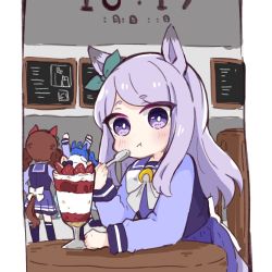 Rule 34 | :t, ahoge, animal ears, arms up, blue hair, blush, brown hair, chair, closed mouth, commentary request, eating, food, fruit, holding, holding spoon, horse ears, horse girl, horse tail, long hair, long sleeves, looking at viewer, mejiro mcqueen (umamusume), nice nature (umamusume), nozo (hitomiz), on chair, parfait, fake phone screenshot, pleated skirt, purple eyes, purple hair, purple legwear, purple shirt, purple skirt, school uniform, shirt, short eyebrows, sitting, skirt, spoon, standing, strawberry, table, tail, thick eyebrows, thighhighs, tracen school uniform, twin turbo (umamusume), twintails, umamusume, very long hair