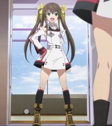 Rule 34 | 10s, bare shoulders, boots, brown hair, fang, flat chest, green eyes, hair ribbon, hand on own hip, hip focus, huang lingyin, infinite stratos, kneehighs, long hair, open mouth, ribbon, school uniform, screencap, socks, twintails, uniform