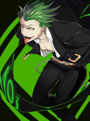 Rule 34 | 1boy, arc system works, aya (min412), blazblue, formal, green hair, hazama, highres, male focus, open clothes, open shirt, shirt, solo, suit, tongue, yellow eyes, you gonna get raped, yuuki terumi