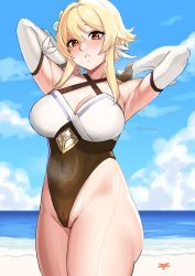 Rule 34 | 1girl, absurdres, alternate costume, arm behind head, armpits, beach, blonde hair, blush, breasts, cameltoe, cleavage, cloud, cloudy sky, cowboy shot, day, flower, genshin impact, hair flower, hair ornament, highres, kirinkirin, large breasts, looking at viewer, lumine (genshin impact), ocean, one-piece swimsuit, orange eyes, parted lips, presenting armpit, shore, sky, solo, starfish, steaming body, swimsuit, thighs