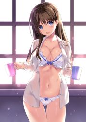 Rule 34 | 1girl, aqua eyes, blue eyes, blush, boku no kanojo sensei, bow, breasts, brown hair, collarbone, commentary request, downscaled, hair between eyes, highres, large breasts, long hair, looking at viewer, md5 mismatch, navel, nipples, open clothes, open mouth, open shirt, oryo (oryo04), panties, resized, simple background, smile, solo, standing, underwear