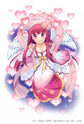 Rule 34 | 1girl, angel wings, blunt bangs, blush, breasts, cleavage, detached sleeves, dress, embarrassed, feathered wings, flower, full body, gothic wa mahou otome, gradient clothes, gradient dress, hair flower, hair ornament, halo, heart, highres, jenevan, leaning forward, long dress, long hair, long sleeves, looking at viewer, medium breasts, official art, open mouth, pink dress, pink eyes, pink hair, ribbon, sash, simple background, solo, watermark, white background, white dress, white wings, wide sleeves, wings, yellow ribbon