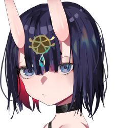 Rule 34 | 1girl, absurdres, choker, colored inner hair, commentary request, expressionless, eyeliner, fate/grand order, fate (series), gem, hair between eyes, hair between horns, hair ornament, highres, horns, jewelry, looking at viewer, looking to the side, makeup, multicolored hair, oni, portrait, purple eyes, purple hair, red hair, san (harutuki 3), short hair, shuten douji (fate), skin-covered horns, solo, two-tone hair