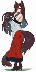 Rule 34 | 1girl, animal ears, ass, bare shoulders, black footwear, boots, brown hair, commentary, ehrrr, full body, hair between eyes, hand up, high heel boots, high heels, highres, imaizumi kagerou, long hair, long skirt, long sleeves, looking at viewer, off-shoulder shirt, off shoulder, red eyes, red skirt, shirt, simple background, skirt, solo, standing, tail, touhou, unfinished, very long hair, white background, white shirt, wolf ears, wolf tail