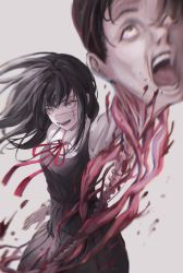 Rule 34 | 1girl, arm up, black hair, black skirt, black vest, blood, blurry, chainsaw man, collared shirt, commentary, cowboy shot, decapitation, depth of field, facial scar, floating hair, from above, grey background, guro, highres, holding head, long hair, long sleeves, looking up, miss.google, neck ribbon, open mouth, outstretched arm, red ribbon, ribbon, ringed eyes, scar, scar on cheek, scar on face, severed head, shirt, simple background, skirt, skirt set, smile, solo, spine, tanaka (chainsaw man), vest, white background, white shirt, yellow eyes, yoru (chainsaw man)