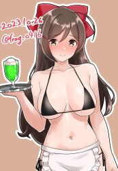 Rule 34 | 1girl, bikini, black bikini, blush, bow, breasts, brown background, brown eyes, brown hair, cleavage, closed mouth, commentary request, cowboy shot, dated, food, furaggu (frag 0416), hair bow, highres, holding, holding tray, ice cream, ice cream float, kantai collection, large breasts, long hair, looking at viewer, mamiya (kancolle), navel, one-hour drawing challenge, red bow, simple background, solo, swimsuit, tray, twitter username