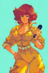Rule 34 | 1girl, absurdres, april o&#039;neil, backlighting, belt, big hair, blue background, breast poke, breasts, brown hair, cleavage, commentary, curvy, david liu, english commentary, green eyes, hand on own hip, highres, jumpsuit, large breasts, lips, microphone, narrow waist, poking, popped collar, pouch, revision, short hair, sleeves rolled up, smile, solo, teenage mutant ninja turtles, thigh pouch, upper body, watch, white belt, wristwatch, yellow jumpsuit, zipper