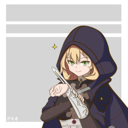 Rule 34 | 1girl, armor, assassin&#039;s creed (series), blonde hair, character name, cloak, girls&#039; frontline, green eyes, concealed weapon, hidden blade (assassin&#039;s creed), looking at viewer, parody, portrait, px4 storm (girls&#039; frontline), short hair, simple background, solo, weapon