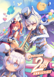 Rule 34 | + +, 3girls, @ @, animal ear fluff, animal ears, anniversary, azur lane, balloon, bare shoulders, bird, blowing, blurry, cat ears, chick, depth of field, double bun, drum, elbow gloves, emphasis lines, closed eyes, gloves, gold trim, hammann (azur lane), hat, highres, hm (hmongt), honolulu (azur lane), instrument, le malin (azur lane), manjuu (azur lane), miniskirt, motion blur, multiple girls, music, official art, open mouth, peaked cap, playing instrument, red eyes, red hair, shirt, skirt, sleeveless, sleeveless shirt, symbol-shaped pupils, trumpet, twintails, white gloves, white headwear, white shirt, white skirt, wide-eyed