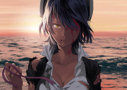 Rule 34 | 10s, 1girl, blood, blood on face, breasts, cardigan, checkered clothes, checkered necktie, checkered neckwear, cleavage, collarbone, collared shirt, eyepatch, unworn eyepatch, hair over one eye, headgear, holding, injury, kantai collection, mayumio88, messy hair, necktie, ocean, outdoors, purple hair, ribbon, shirt, short hair, solo, sunset, tears, tenryuu (kancolle), torn clothes, torn shirt, untied, upper body, white shirt, yellow eyes