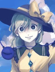 Rule 34 | 1girl, black eyes, black hat, blue sky, bow, bright pupils, buttons, cloud, collared shirt, commentary request, diamond button, eyeball, frilled shirt collar, frills, grey hair, hat, hat bow, highres, koishi day, komeiji koishi, looking at viewer, medium hair, shirt, sky, smile, solo, takayo (user yeah3737), third eye, touhou, upper body, wavy hair, white pupils, wide-eyed, yellow bow, yellow shirt