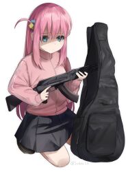 Rule 34 | 1girl, absurdres, akm, artist name, assault rifle, bag, black skirt, blue eyes, bocchi the rock!, breasts, cube hair ornament, gigbag, gotoh hitori, gun, hair ornament, hair over eyes, highres, holding, holding gun, holding weapon, jacket, kalashnikov rifle, kneeling, loafers, long hair, looking at viewer, medium breasts, meme, pink hair, pink jacket, pink track suit, pleated skirt, rifle, scene reference, shaded face, shoes, sidelocks, skirt, sobbi11, solo, track jacket, track suit, trigger discipline, very long hair, weapon, white background