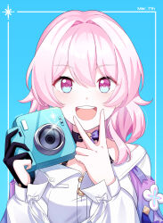 Rule 34 | 1girl, absurdres, artist name, black choker, black gloves, blue background, blue eyes, blue jacket, breasts, buttons, camera, character name, choker, commentary, dress shirt, english commentary, flower ornament, gloves, hands up, highres, holding, holding camera, honkai: star rail, honkai (series), jacket, light blush, long sleeves, march 7th (honkai: star rail), medium breasts, medium hair, open mouth, partially fingerless gloves, pink eyes, pink hair, shirt, shyaka, single glove, smile, solo, teeth, two-tone eyes, upper body, upper teeth only, variant set, white shirt