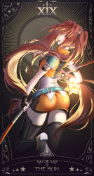 Rule 34 | 1girl, armor, ass, bike shorts, bike shorts under skirt, black gloves, black thighhighs, breasts, brown hair, commentary, cropped jacket, cropped legs, dated, eiyuu densetsu, estelle bright, falcom, foot out of frame, from behind, gloves, glowing, hair between eyes, hair intakes, holding, holding staff, jacket, long hair, looking at viewer, looking back, medium breasts, miniskirt, open mouth, orange jacket, orange skirt, polearm, red eyes, sen no kiseki, sen no kiseki iv, shirt, shorts, shorts under skirt, shoulder armor, signature, skirt, smile, solo, sora no kiseki, staff, tarot, tarot (medium), the sun (tarot), thighhighs, thighs, twintails, very long hair, weapon, white shirt, willfin