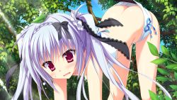 Rule 34 | 1girl, ass, bare shoulders, blush, bow, butt crack, downpants, embarrassed, female focus, game cg, hair bow, karumaruka circle, leaf, long hair, natsume koyomi, open mouth, pink eyes, solo, straight hair, toranosuke, twintails, white hair