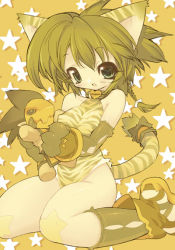 Rule 34 | 1girl, animal ears, animal print, bare shoulders, blade (galaxist), blush, braid, breasts, cat ears, cat tail, cham cham, collar, elbow gloves, covered erect nipples, gloves, green hair, maya (culture), mexico, monochrome, open mouth, samurai spirits, sitting, small breasts, snk, solo, star (symbol), starry background, stuffed animal, stuffed toy, tail, tamtam (samurai spirits), tiger print, yellow theme