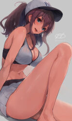 Rule 34 | 1girl, baseball cap, bikini, blue eyes, breasts, brown hair, cleavage, emblem, feet out of frame, hair between eyes, hair through headwear, haruto (harut n), hat, high side ponytail, kantai collection, large breasts, major league baseball, new york yankees, official alternate costume, one-hour drawing challenge, ponytail, redrawn, saratoga (kancolle), side ponytail, sidelocks, sitting, solo, swimsuit, white bikini, white hat