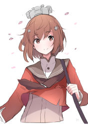 Rule 34 | 1girl, absurdres, ajifry39, brown eyes, brown hair, brown neckerchief, cropped torso, dress, grey sailor collar, hair ornament, hairclip, headgear, highres, kantai collection, looking at viewer, neckerchief, red shirt, sailor collar, sailor shirt, shirt, short hair, simple background, smile, solo, tan yang (kancolle), white background, white dress, yukikaze (kancolle)