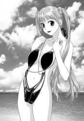 Rule 34 | 1girl, bikini, blush, breasts, cleavage, clothes in front, cloud, covering privates, greyscale, groin, hair ribbon, hanabusu arisu, highres, kagosaka mahiro, long hair, looking at viewer, monochrome, my doll house, navel, newhalf, nude, ribbon, sky, smile, solo, swimsuit, water, wig, yui toshiki