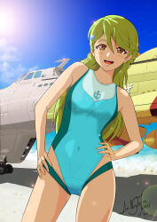 Rule 34 | 1girl, :d, absurdres, alternate costume, annin tofu, blonde hair, blue one-piece swimsuit, breasts, brown eyes, commentary request, covered navel, hands on own hips, highres, long hair, looking at viewer, medium breasts, one-piece swimsuit, open mouth, sasha (uchuu senkan yamato), science fiction, smile, solo, spacecraft, swept bangs, swimsuit, uchuu senkan yamato, uchuu senkan yamato 2205: arata naru tabidachi, yamato (uchuu senkan yamato)