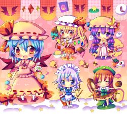 Rule 34 | 5girls, bad id, bad pixiv id, candy, checkerboard cookie, chibi, chocolat (momoiro piano), cookie, cream puff, doughnut, closed eyes, female focus, flandre scarlet, food, hat, hinahina, hong meiling, ice cream, izayoi sakuya, konpeitou, mob cap, multiple girls, open mouth, patchouli knowledge, pocky, remilia scarlet, smile, star (symbol), embodiment of scarlet devil, touhou