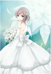 Rule 34 | 1girl, angel, angel wings, backless dress, backless outfit, bad id, bad pixiv id, bare back, bare shoulders, blue eyes, bouquet, brown hair, dress, elbow gloves, flower, gloves, highres, mini wings, momoshiri yuri, original, ribbon, short hair, smile, solo, wedding dress, wings